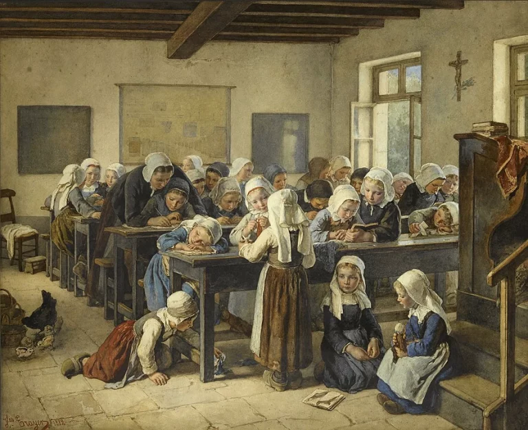 School of Breton children. Painting by Jean-Baptiste Jules Trayer (1882).